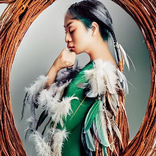 Image similar to portrait of asian princess bird sitting on the tree brunch, fashion photography, dress with feathers, jewellery, beautiful face, elegant, stylish, cool, deep gaze, emotionally touching, tenderness, high quality, photo realistic, work in the style of annie leibowitz