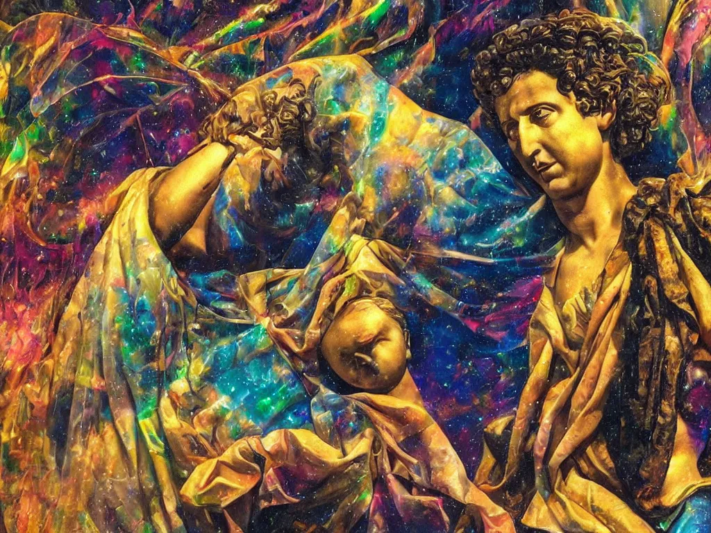 Image similar to hyperrealistic still life painting of a 3d greek statue of a roman emperor in deep space, wrapped in fabric and gently smiling, surrounded by refracting rainbow prisms in a tesseract, botanical print, surrealism, vivid colors, serene, golden ratio, sacred geometry, abstract impasto brushtrokes, by Caravaggio