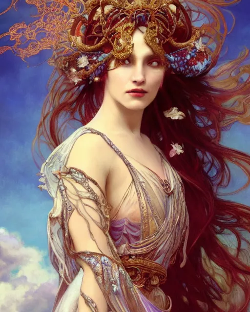 Image similar to a beautiful close up portrait of a sorceress floating on air with elegant looks, flowing robe, ornate and flowing, intricate and soft by ruan jia, tom bagshaw, alphonse mucha, krenz cushart, beautiful roman architectural ruins in the background, epic sky, vray render, artstation, deviantart, pinterest, 5 0 0 px models