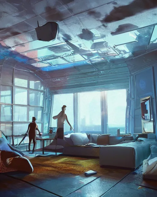 Image similar to artstation scifi scene of a safe room as ikea ad, lounge furniture, sky mural on the room ceiling, holographic glitchart walls, windows, large terrarium, paneled walls, unreal engine 5, hyper realism, realistic shading, cinematic composition, blender render, octane render, hdr, detailed textures, photorealistic, wide shot