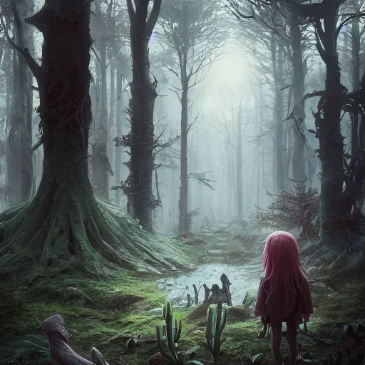 Image similar to highly detailed creepy creature in the forest, stephen bliss, unreal engine, fantasy art by greg rutkowski, loish, rhads, ferdinand knab, makoto shinkai and lois van baarle, ilya kuvshinov, rossdraws, tom bagshaw, global illumination, radiant light, detailed and intricate environment