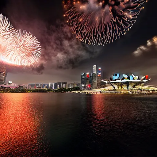 Image similar to Singapore city, Singapore Esplanade, Singapore Marina Bay, with a very very very very very lion-shaped cloud in the sky and fireworks in the sky, by greg rutkowski, red and white lighting, digital art, ultra realistic, ultra detailed, photorealistic, 4k, character concept