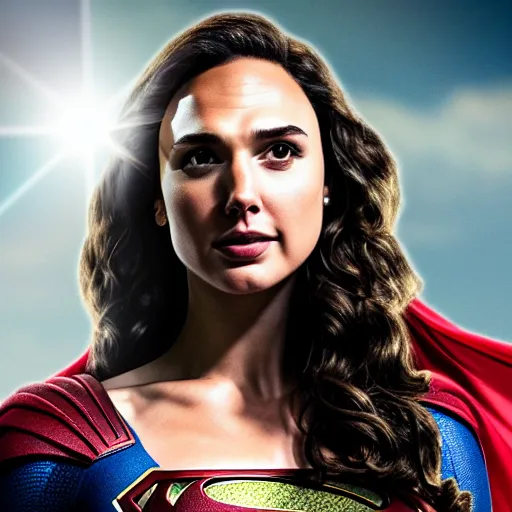 Image similar to an potrait of gal gadot wearing Henry Cavill Superman suit, photorealistic, high detail, photo studio, testing custom, 4k