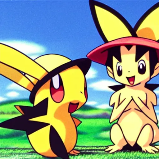 Prompt: Pichu Pokemon anime wearing a straw hat by Ken Sugimori