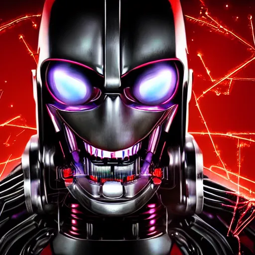 Image similar to portrait of a menacing evil villain robot, glowing dark red eyes, metal teeth, purple tubes, striking, Terminator, Ultron, sci-fi, C-3PO