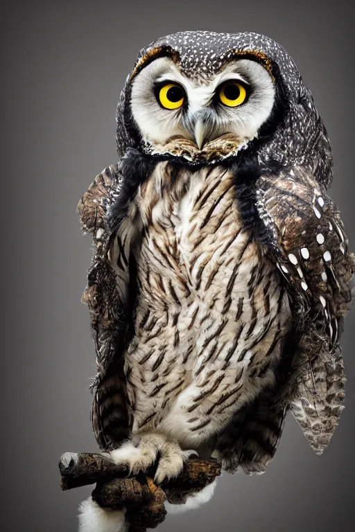 Prompt: cute owl wearing black biker jacket, portrait photo, backlit, studio photo, background colorful, tree