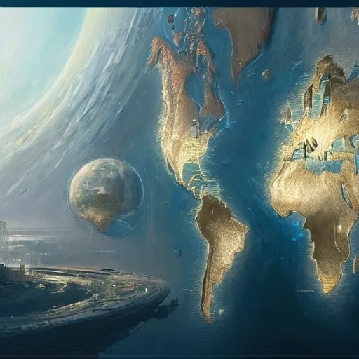 Prompt: science fiction world map of a world with three continents, dismantled geography, cities and landscapes, intricate, highly detailed, digital painting by greg rutkowski, artstation