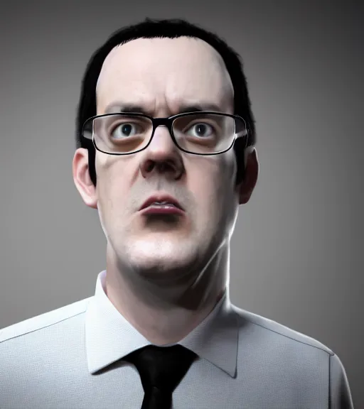 Prompt: portrait of james rolfe, angry video game need, avgn, wearing a pair of thin glasses and dresses in a white dress shirt, octane render, trending on artstation, symmetrical artwork. cinematic, hyper realism, highly detailed, octane render, 8 k, iridescent accents
