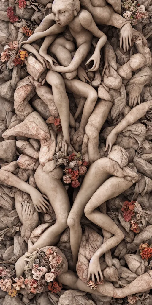 Image similar to closeup photograph of a surrealist sculpture human bodies intertwined, a lovely cornucopia of flowers and human body parts, body parts, made of stone, earth tone colors, muted color palette, skin tones, highly detailed, octane render, cinematic