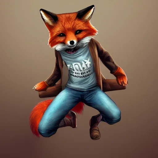 Image similar to A fox wearing a t-shirt and jeans, trending on FurAffinity, energetic, dynamic, digital art, highly detailed, FurAffinity, digital fantasy art