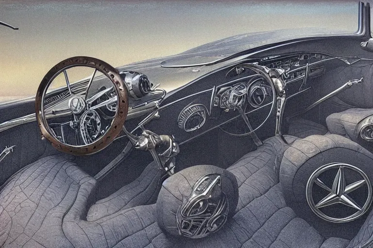Prompt: intricate, 3 d, 1 9 5 5 mercedes, style by caspar david friedrich and wayne barlowe and ted nasmith.