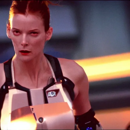 Image similar to The matrix, LeeLoo, Starship Troopers, Sprinters in a race, The Olympics footage with crowd cheering, intense moment, cinematic stillframe, shot by Roger Deakins, The fifth element, vintage robotics, formula 1, starring Geena Davis, clean lighting