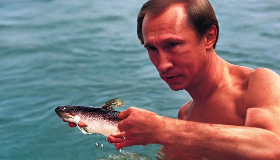 Image similar to 7 0 s movie still of putin in speedo, catching a salmon with his hands, focus on face. cinestill 8 0 0 t _ 3 5 mm eastmancolor, heavy grain, high quality, high detail