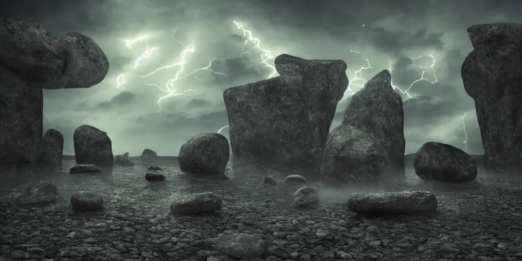 Prompt: Photorealistic strange dark monks perform a ritual. Magical symbols float above them. Epic landscape with magically floating rocks, with ominous storm clouds, strange levitating stones, stones falling from the sky, a gentle rising mist. occult photorealism, UHD, amazing depth, glowing, golden ratio, 3D octane cycle unreal engine 5, volumetric lighting, cinematic lighting, cgstation artstation concept art