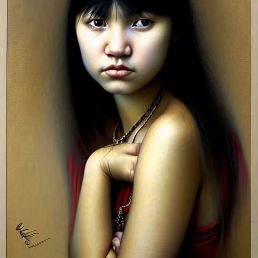 Image similar to beautiful portrait of a kazakh, ( emo ) girl, by casey baugh,, vladimir kush, yasunari ikenaga, yasar vurdem, william oxer