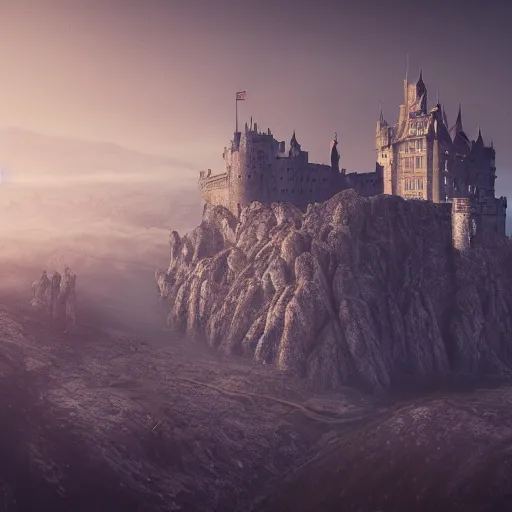 Image similar to view from above of a castle, architecture, mountains, Game of thrones style, Dusk, in the mist, dark atmosphere, cinematic lighting, Roger Deakins, Artstation Matte Painting, Albert Whitlock, horror, Vale in the mountains, concept art, 4k, unreal engine