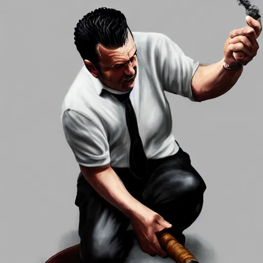 Image similar to a midage italian male, short black hair with gel, sharp teeth, overweight, fine white shirt, leather belt, black pants, leather shoes, smoking a cigar, full body, isolated background, gta v style, concept art, highly detailed, hyper realistic, unreal engine