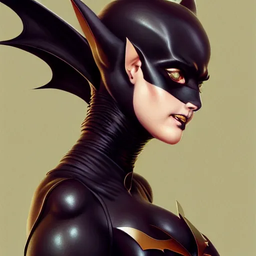 Image similar to 3 / 4 view of a portrait of bat woman with bat wings, confident pose, pixie, genshin impact,, intricate, elegant, sharp focus, illustration, highly detailed, concept art, matte, trending on artstation, anime, art by wlop and artgerm and greg rutkowski, h 6 4 0