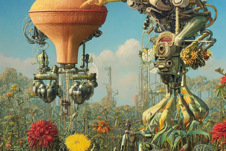 Prompt: evangelionic illustration, gigantic pleasure man head, a lot of exotic vegetation, trees, tremendous pleasure robot, flowers, oldschool vintage sci - fi flat surreal design, super - detailed, oil painting by moebius, hd, 4 k, high quality