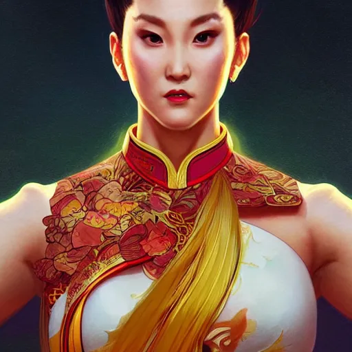 Image similar to Chun Li wearing a qipao, highly detailed, digital painting, artstation, concept art, sharp focus, illustration, cinematic lighting, art by artgerm and greg rutkowski and alphonse mucha