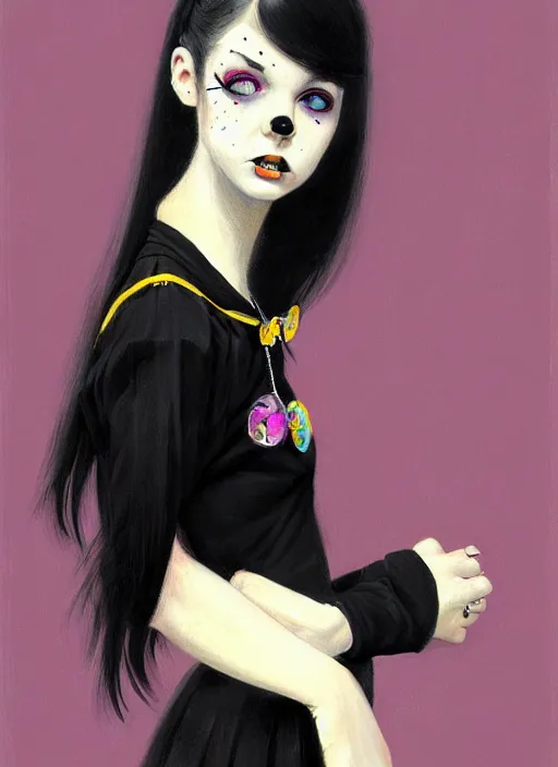 Image similar to portrait of a teen girl with a crooked nose and a confident expression, 1 9 6 0 s, black clothes, goth, punk, brightly coloured hair, funk, intricate, elegant, highly detailed, digital painting, artstation, concept art, smooth, sharp focus, illustration, art by wlop, mars ravelo and greg rutkowski