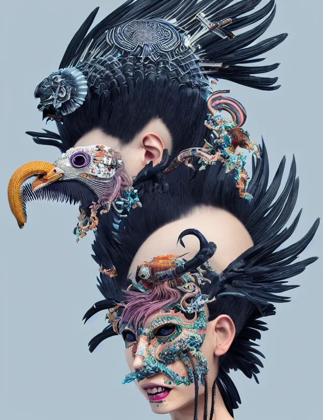 Image similar to 3 d goddess close - up profile portrait punk with mohawk with ram skull. beautiful intricately detailed japanese crow kitsune mask and clasical japanese kimono. betta fish, jellyfish phoenix, bio luminescent, plasma, ice, water, wind, creature, artwork by tooth wu and wlop and beeple and greg rutkowski