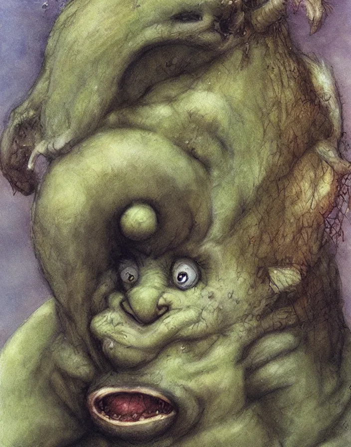 Image similar to cute little ogre, by Brian Froud, painterly