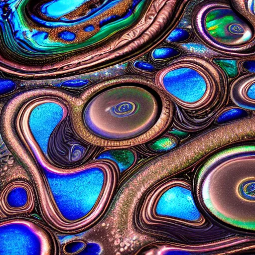 Image similar to Art Nouveau cresting oil slick waves, hyperdetailed bubbles in a shiny iridescent oil slick wave, black opal, abalone, paua shell, ornate copper patina medieval ornament, rococo, oganic rippling spirals, octane render, 8k 3D