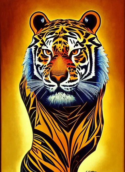 Prompt: oil portrait of tony tiger, intricate, elegant, highly detailed, lighting, painting, artstation, smooth, illustration, art by greg rutowski and alphonse mucha