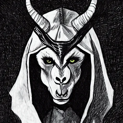 Image similar to A demonic goat man wearing a hood, art by Trevor Henderson