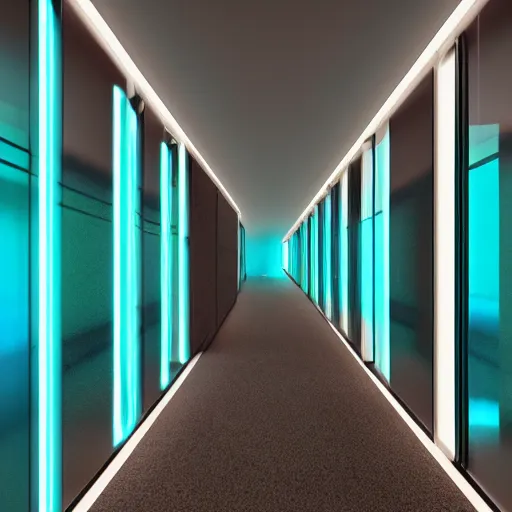 Prompt: a long hallway with glass walls, looking into rooms filled, with dozens of researchers, and science experiments, artwork and machines, cinematic teal, dark, hbo, highly realistic, octane render, architectural render, atmospheric, 4k