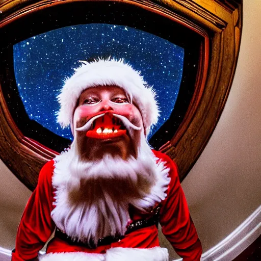 Prompt: A demented evil looking Santa Claus grinning at the camera, emerging upside down from the fireplace on Christmas night, house cam footage, fisheye lens, dark, night cam, hyperrealistic