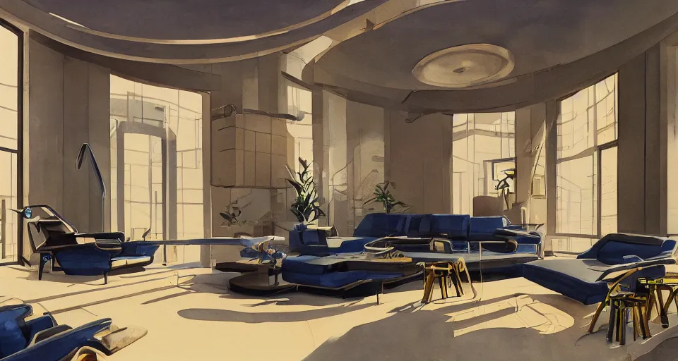 Image similar to a beautiful illustration of futuristic interior hall, lots of furniture, sofa, waiting room, big medium small, sacred geometry, golden ratio, in watercolor gouache detailed paintings, in style of syd mead, trending on artstation,8k, panel, hard surface, vent, zaha hadid, props, plant, cozy,decoration around the room