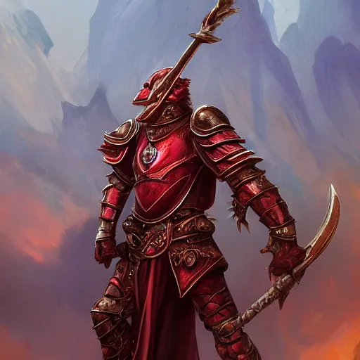 Prompt: A noble red dragonborn paladin with a halberd heroically posing in front of a castle, fantasy, medieval, cinematic, serious expression, 8k, trending on artstation, Bayard Wu, Rudy Siswanto, Sam Santala, In the style of Clint Cearley