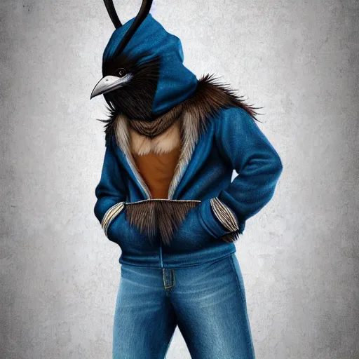 Prompt: humanoid furry anthro avian fursona, bird, bird, avian, avian, corvid, beak, kenku, anthro, furry digital art. Hoodie and jeans