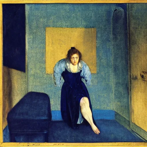 Image similar to a girl in a blue and gold haunted liminal room, film still by goya, subject by balthus, colors by pontormo, lights by hopper, extreme detail, liminal aesthetic, background art nouveau,