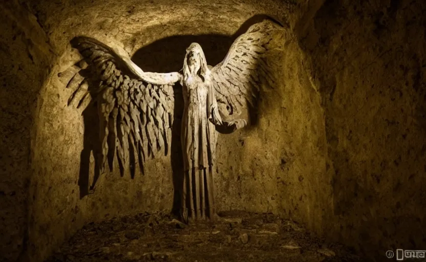 Prompt: decrepit creepy statue of the archangel gabriel staring at the camera, alone in a cavernous dark old catacomb, realistic, pitch black, depth of field, wide shot, sinister, bad lighting, foreboding, blurry, grainy photo