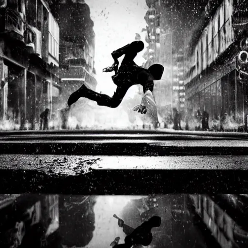 Image similar to a highly detailed epic cinematic black and white cyberpunk artwork photograph inspired by Henri Cartier-Bresson's Behind Gare Saint-Lazare, man jumping over a puddle of water. World Press Photo winner, enhanced and corrected in Photoshop, octane render, excellent composition, cinematic atmosphere, dynamic dramatic cinematic lighting, aesthetic, very inspirational, arthouse