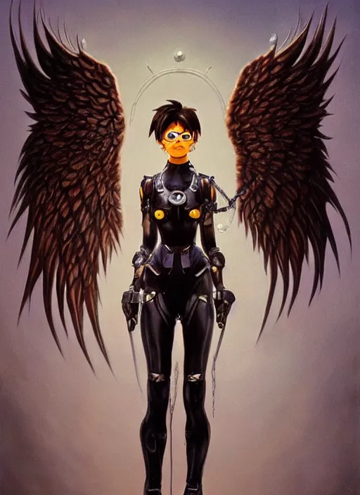 Image similar to full body artwork of tracer overwatch wearing leather collar in style of zdzisław beksinski, angel wings, dramatic painting, symmetrical composition, wearing detailed leather collar, black shiny armor, chains, black harness, detailed face and eyes,