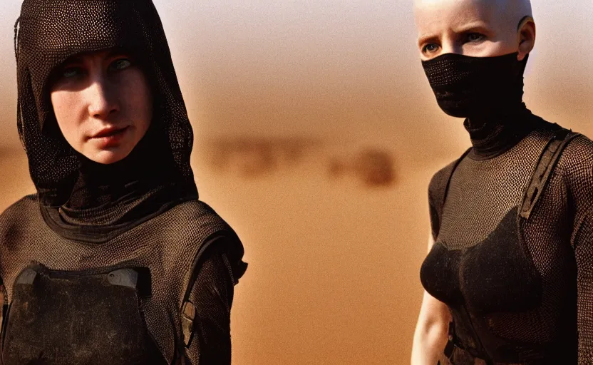 Prompt: cinestill 5 0 d photographic portrait by helen levitt of two loving female androids wearing rugged black mesh techwear on a desolate plain, extreme closeup, modern cyberpunk, dust storm, 8 k, hd, high resolution, 3 5 mm, f / 3 2, ultra realistic faces, ex machina