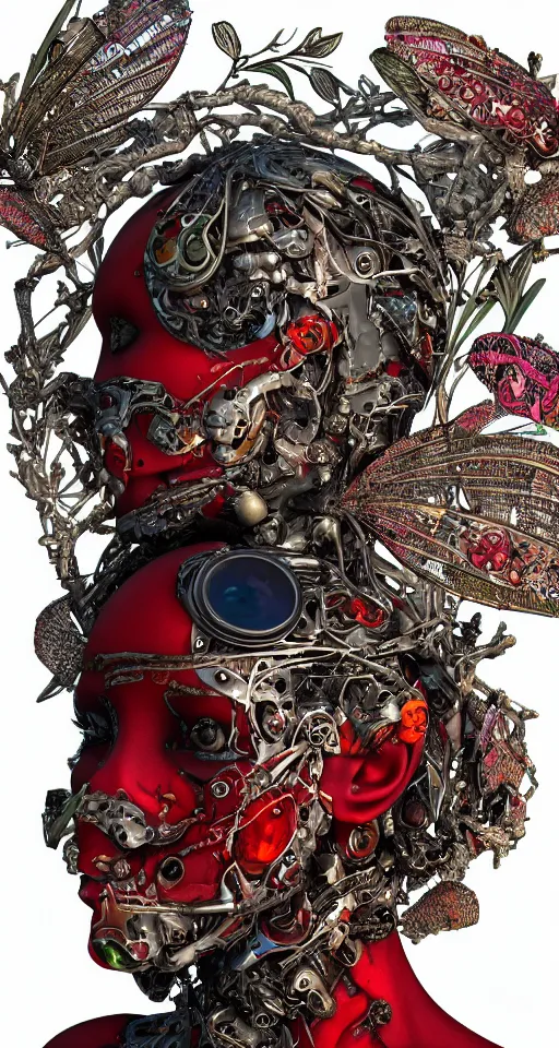 Prompt: cinema 4d colorful render, organic, ultra detailed, of a painted realistic face with glass helmet, scratched. biomechanical cyborg, analog, macro lens, beautiful natural soft rim light, blood, veins, sicko, winged insects and stems, roots, fine foliage lace, red and black details, Alexander Mcqueen high fashion haute couture, art nouveau fashion embroidered, intricate details, mesh wire, mandelbrot fractal, anatomical, facial muscles, cable wires, elegant, hyper realistic, in front of dark flower and feather pattern wallpaper, ultra detailed, 8k post-production