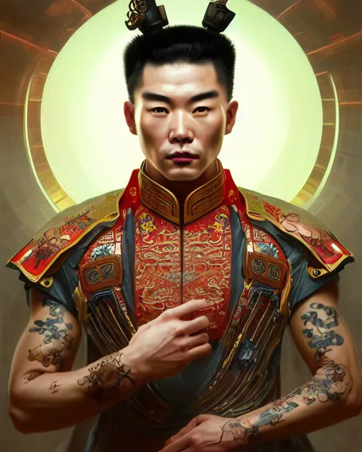 Image similar to portrait of a chinese masculine male cyberpunk machine, machine face, upper half portrait, decorated with chinese opera motifs, muscular, asian, fine china, wuxia, traditional chinese art intricate intense elegant 京 剧 highly detailed digital painting artstation concept art smooth sharp focus illustration, art by artgerm and greg rutkowski alphonse mucha 8 k