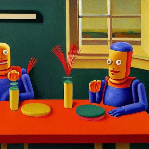 Prompt: happy robots eating play - doh noodles from a play - doh nozzle, grant wood, pj crook, edward hopper, oil on canvas