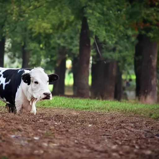 Image similar to a hybrid of a dog and a cow but mostly cow, 8 k, 4 k, professional photography, award winning photo