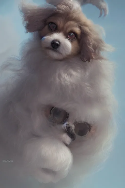 Prompt: cute adorable shih-poo, realistic and ultra intricate detailed soft painting, volumetric lighting, mist, Artstation, Tom Bagshaw Yasushi Nirasawa Moebius artstyle, unreal render, depth of field