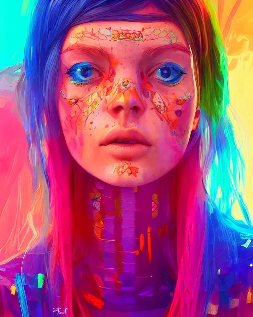 Image similar to colorful character portrait of a female hippie, set in the future 2 1 5 0 | highly detailed face | very intricate | symmetrical | cinematic lighting | award - winning | painted by mandy jurgens | pan futurism, dystopian, bold colors, cyberpunk, groovy vibe, anime aesthestic | featured on artstation