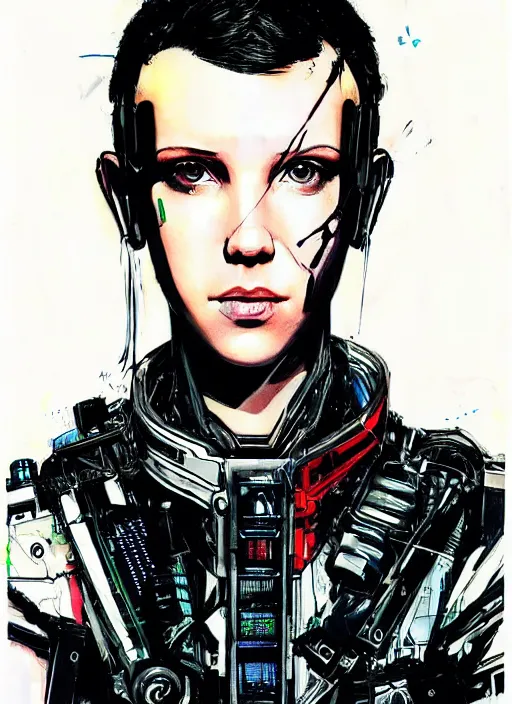 Image similar to Portrait of cyberpunk cyborg Millie Bobby Brown by Yoji Shinkawa