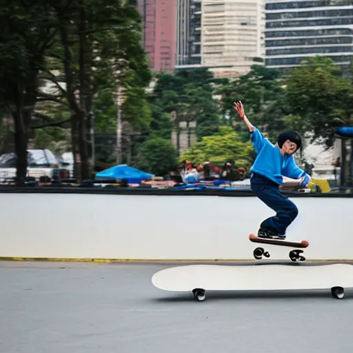 Image similar to doraemon performing skateboard tricks, wearing baggy clothing