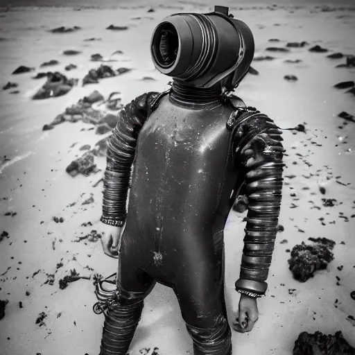 Image similar to Early twentieth century armored diving suit in the deep sea, photography, Sony A7III, 35mm f2,4