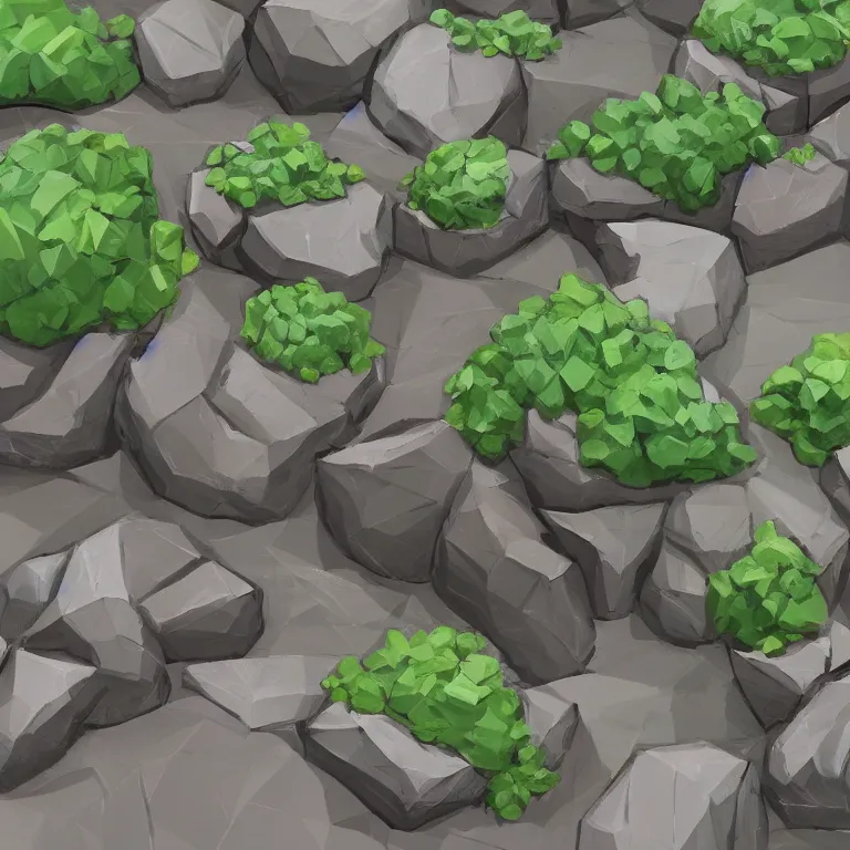 Image similar to a bunch of rocks with plants growing out of them, concept art by senior environment artist, polycount, plein air, 2 d game art, low poly